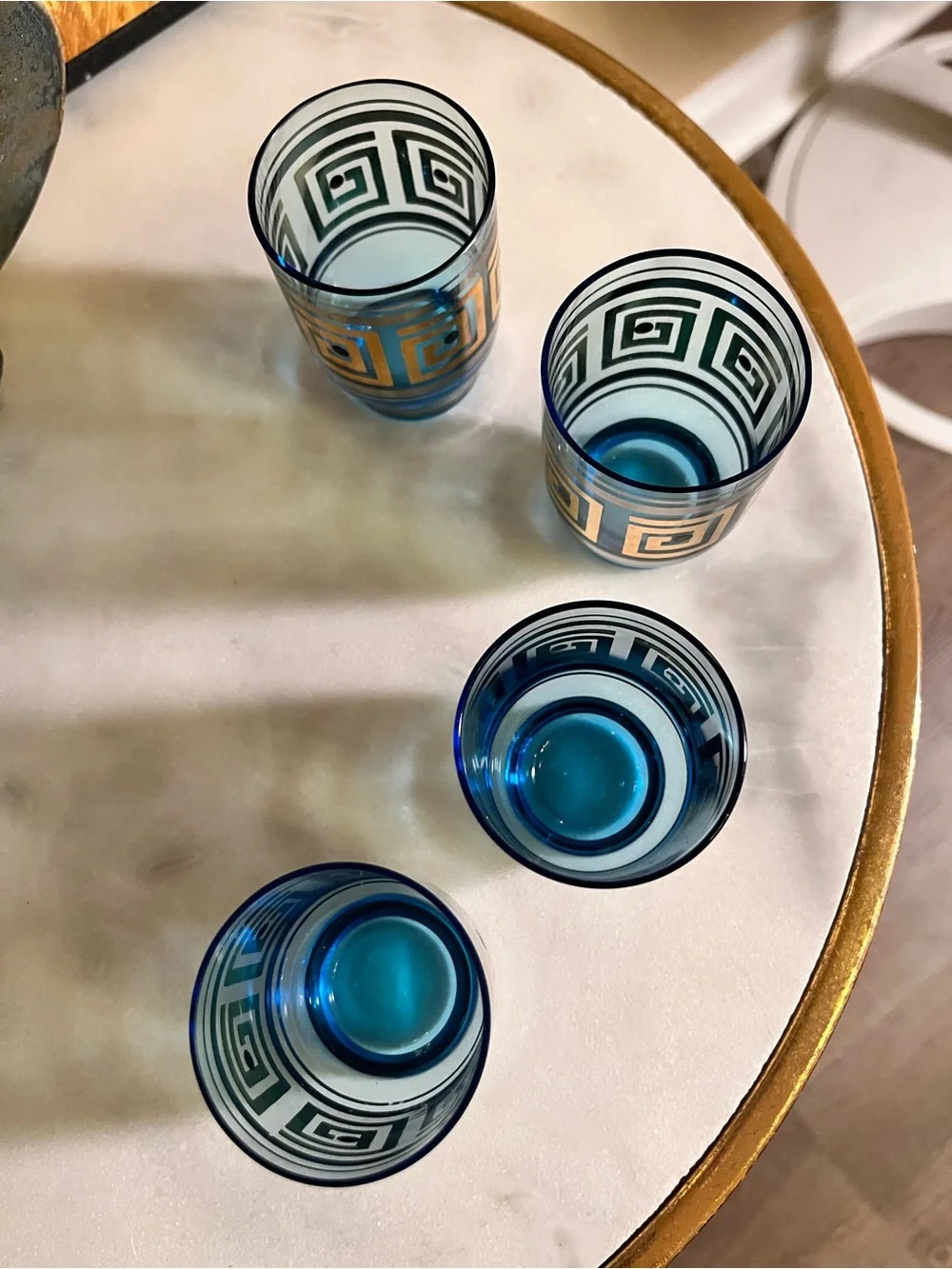 MCM style footed cocktail glasses (4) blue gold silver barware retro Greek key